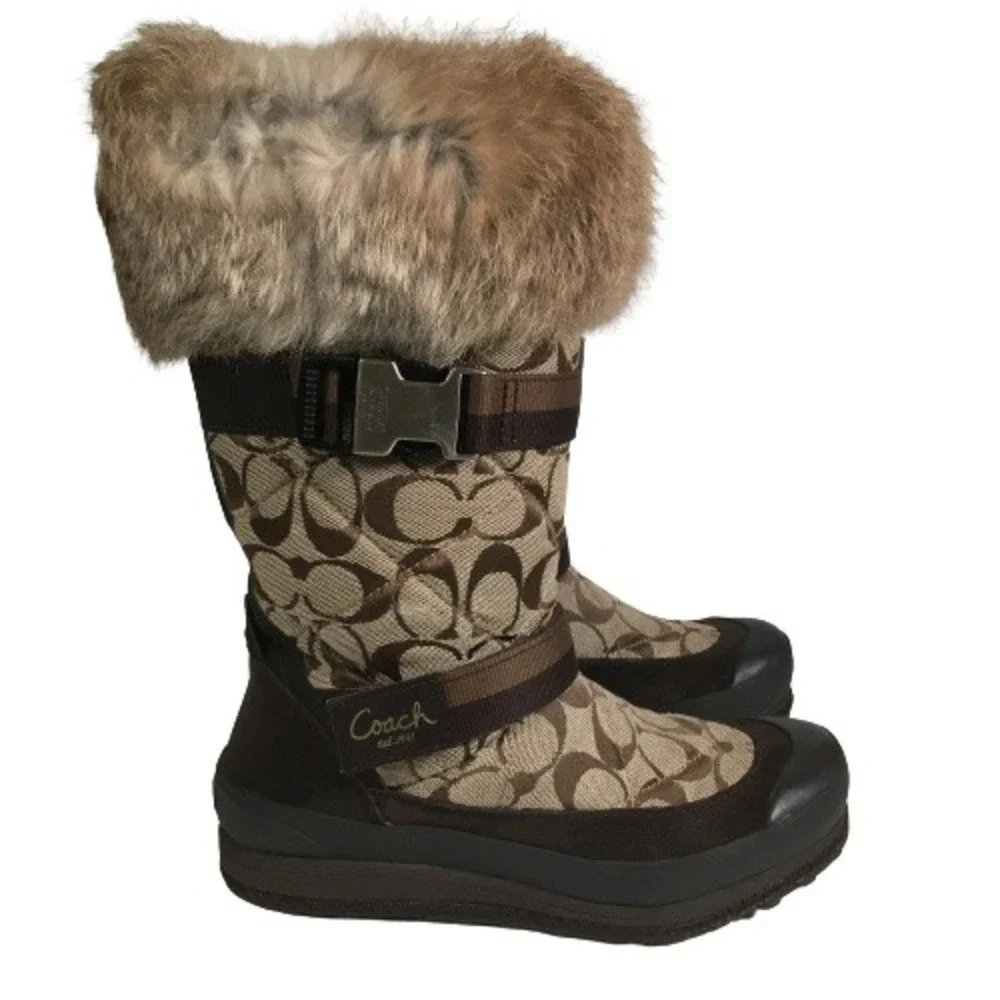 Coach Mariette Winter Snow Boot Sz 6M A7185 Signature Canvas Suede Fur Trim